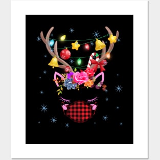 Reindeer Face Wearing Mask Christmas Light Posters and Art